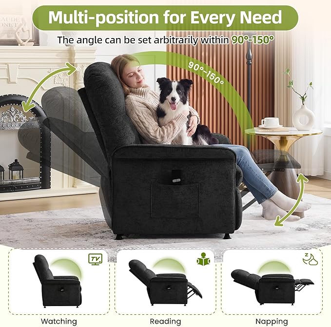 Power Recliner Chair with Remote Control 21 Wide Seat Small Recliners with Side Pocket for Adults Thick Cushions Chair for Living Room &amp Bedroom Dark Grey
