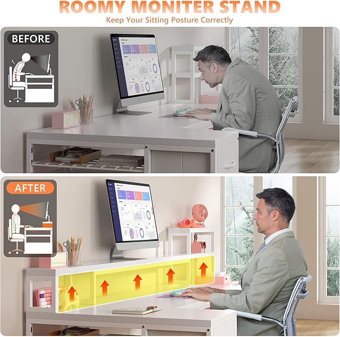 EnHomee 71 L Shaped Gaming Desk with LED LightsWhite Computer Desk with Drawers and Printer ShelfPower OutletReversible Home Office Desks with Storage and Monitor Stand