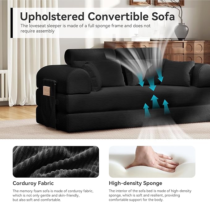 Upgrade High Backrest Design Sofa Bed with Fixed-Shape Frame &amp Removable Armrests and Backrest Corduroy Fabric Convertible Mattress Couch for Small Spaces - No Assembly Needed (High Backrest Bla