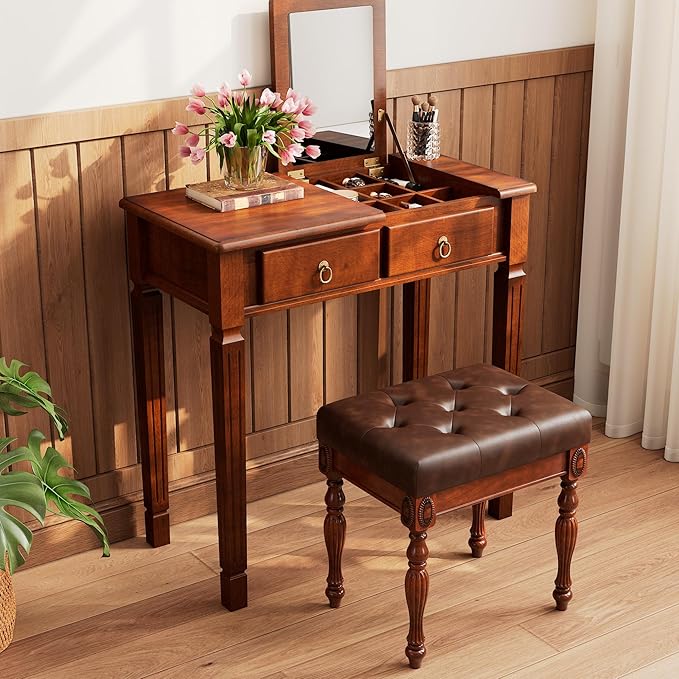 Makeup Vanity Desk Set with Flip Top Mirror 31.5 Wooden Vanity Table with Mirror Compact Dressing Table with 2 Drawers &amp 7 Compartments Writing Desk with Padded Stool for Bedroom Cherry+Brown