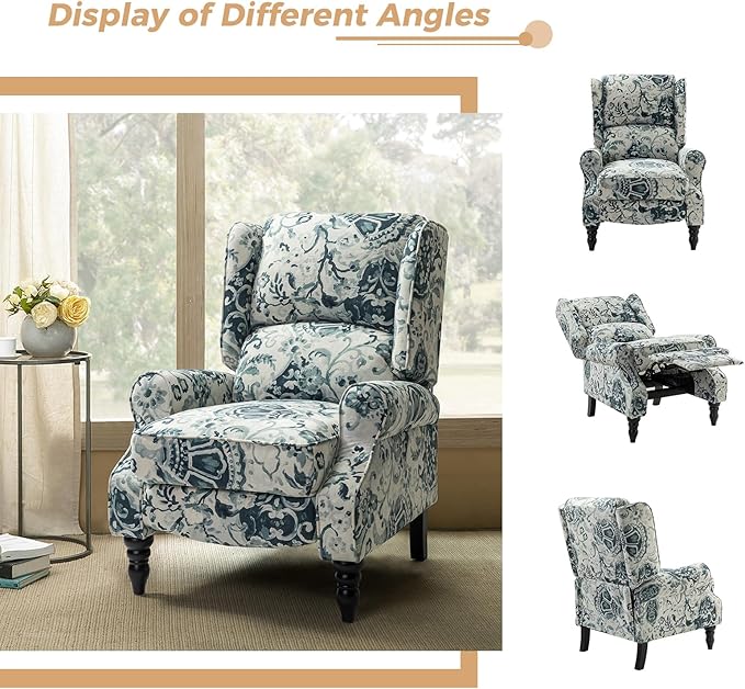HULALA HOME Upholstered Wingback Recliner Chair Small Adjustable Footrest Push Back Single Reclining Sofa Mid Century Modern Lounge Armchair for Living Room Bedroom Reading/Floral