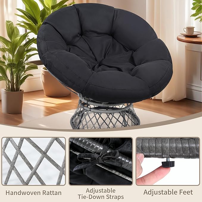 46 Giant Oversized Rattan Papasan Chair with Cushion and Frame for Adults Fluid 360° Swivel Waterproof Grey Frame with Black Cushion