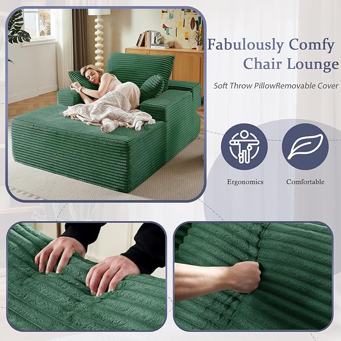 49.2 Oversized Chaise Lounge Chair Indoor Modern Upholstered Deep Seat Sofa Bed Sleeper Couch Reading Chairs Comfy Corduroy Cloud Sofas Couches for Living Room No Assembly Green