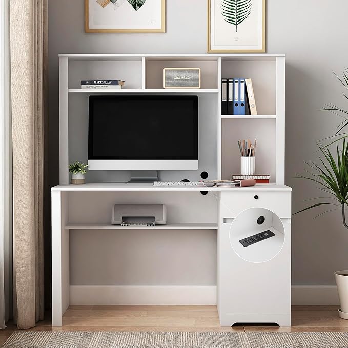 Computer Desk with Hutch BookshelfWood Executive Desk Teens Student Desk Writing Laptop Home Office Desk with Drawers3 AC Outlets and 2 USB Charging PortsStudy Laptop Table for Home