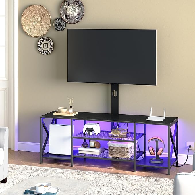 HOOBRO TV Stand with Mount and Power Outlet LED Entertainment Center with Swivel TV Mount for 32/45/55/60/65/70/75 inch TVs TV Cabinet with 3-Tier Storage for Living Room Bedroom Black BB46UDDS01