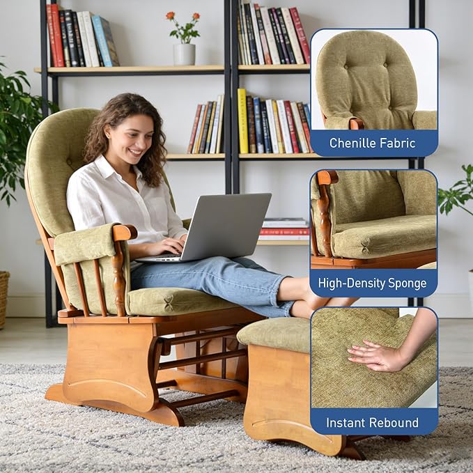 Solid Wood Glider Rocking Chair with Ottoman Set - Stylish Modern Nursery Glider Rocker with Thick Padded Cushion Smooth Gliding Motion for Living Room Nursing Reading - 280LBS Capacity Khaki