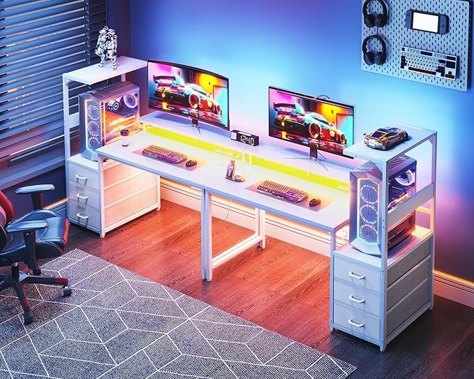 AODK 52 Inch Gaming Desk with USB Charging Ports &amp LED Light- Reversible Computer Desk with Storage Shelves &amp Monitor Stand Modern Gamer Desk Table with Fabric Drawers &amp Side Hook Carbon