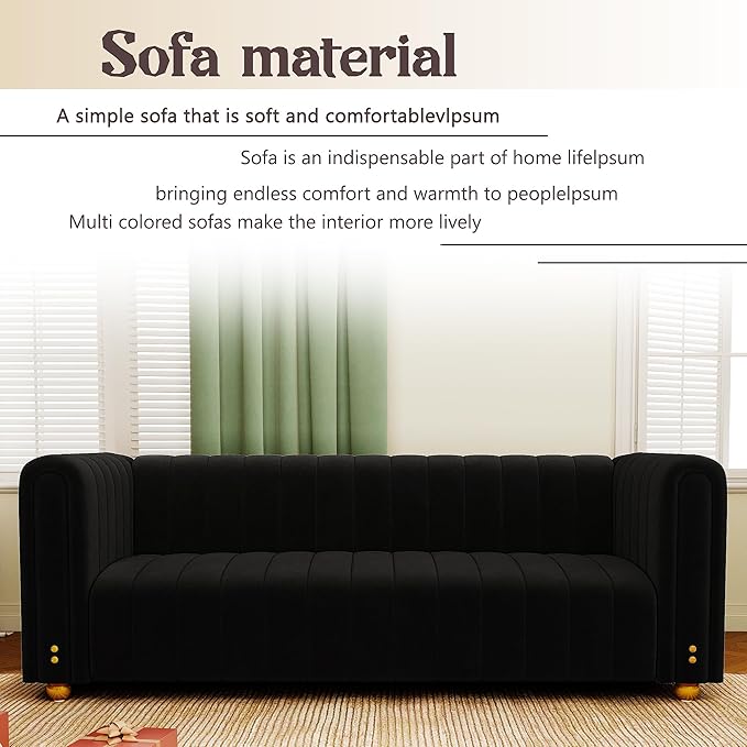 81 Black Velvet Couch for Living Room Large Modern Sofa Comfy Tufted Sofas Chesterfield Couches with Round Handrails and Metal Ball Legs Office Apartment Furniture