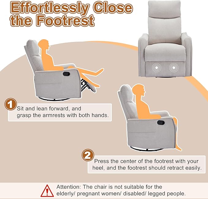 Manual 360° Swivel Rocker Recliner Chair for Adults Overstuffed Glider Chair for Nursery with Vibration Massage and Heat Comfy Soft Fabric Glider with Side Pockets for Living Room Beige