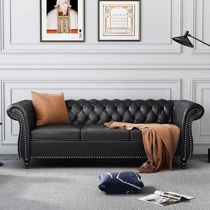 PU 3 Seater Sofa Chesterfield Sofa Modern Tufted Couch 3 Seater Large Sofa with Scroll Arms and Nailhead for Living Room Black PU