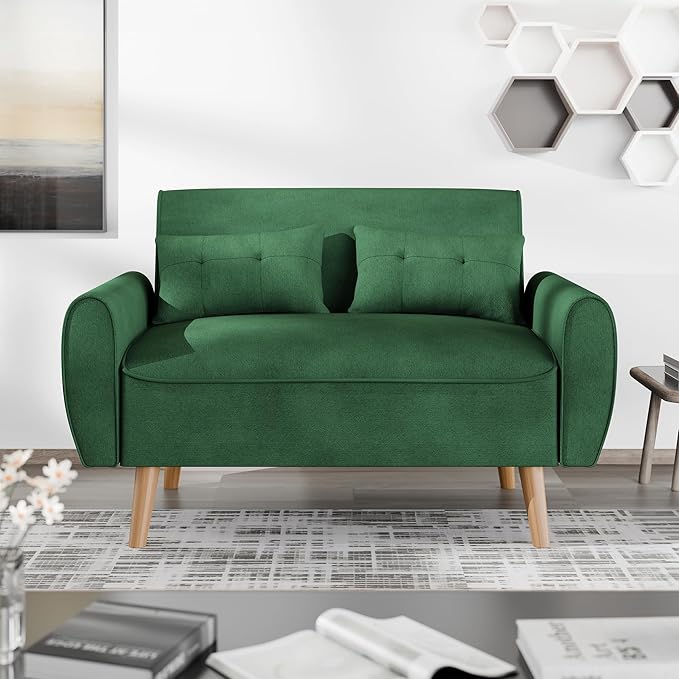 JAMFLY 47'' Small Loveseat Sofa 2 Seat Compact Couch with Tapered Legs Green Upholstered Furniture Solid Wood Frame Comfy Foam Cushion Easy Assembly for Small Spaces