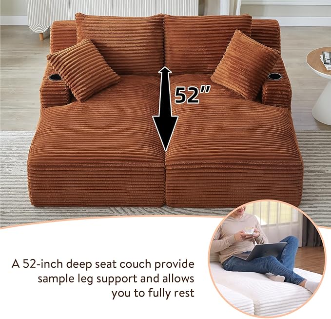 Oversized Double Chaise Lounge Chair Indoor Fluffy Upholstered Corduroy Sofa Bed with Throw Pillows Comfy Sleeper Deep Seat Sectional Loveseat Sofa Couch for Living Room (Orange)