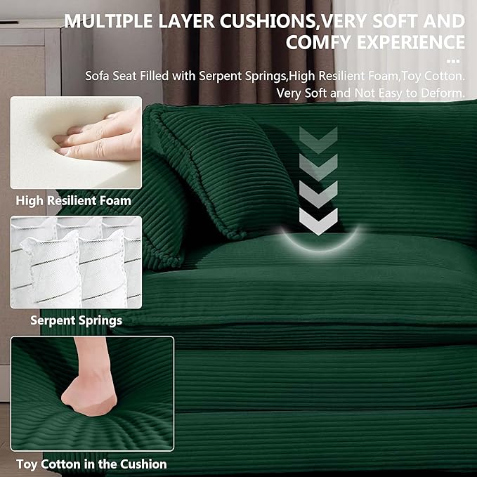 Aoowow Corduroy 4 Seater Sofa CouchModern Large Cloud Couches for Living RoomTufted Modular Sectional Cloud Sofas with Deep SeatOversized 4 Seat Sofa Set (Green 4 Seater)