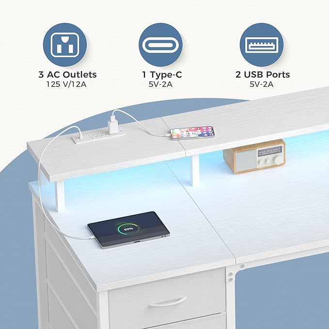 DUMOS 47 Inch Computer Desk with 4 Drawers4 Drawer Gaming Desk with with Power Outlets and LED LightsOffice Desk for Small Spaces with Monitor ShelfWriting Desk for Home OfficeBedroom StudyWhite