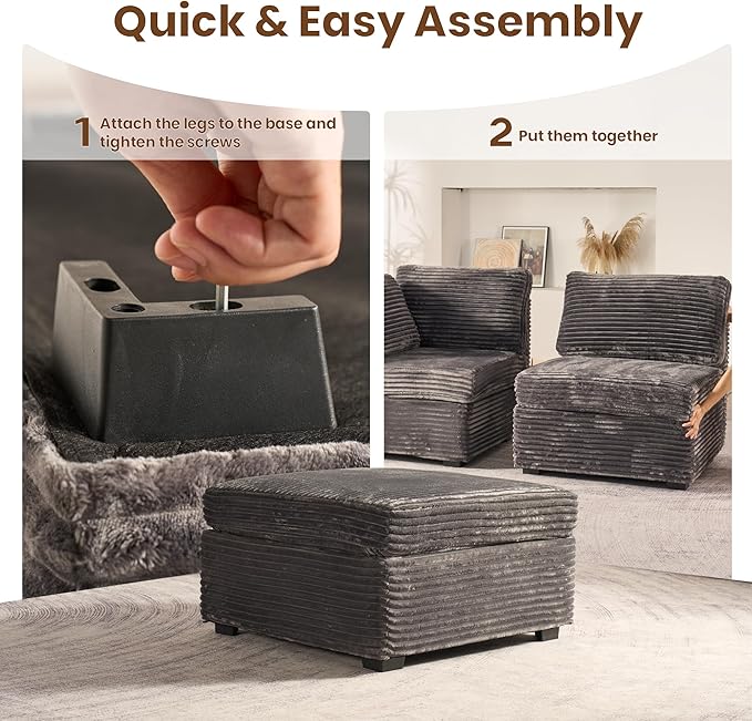 32.7'' Ottoman for Modular Sectional Sofa Deep Seat Upholstered Footstool for Sofas Set L/U/V Shaped Plush Corduroy Cloud Couch for Living Room Apartment Grey