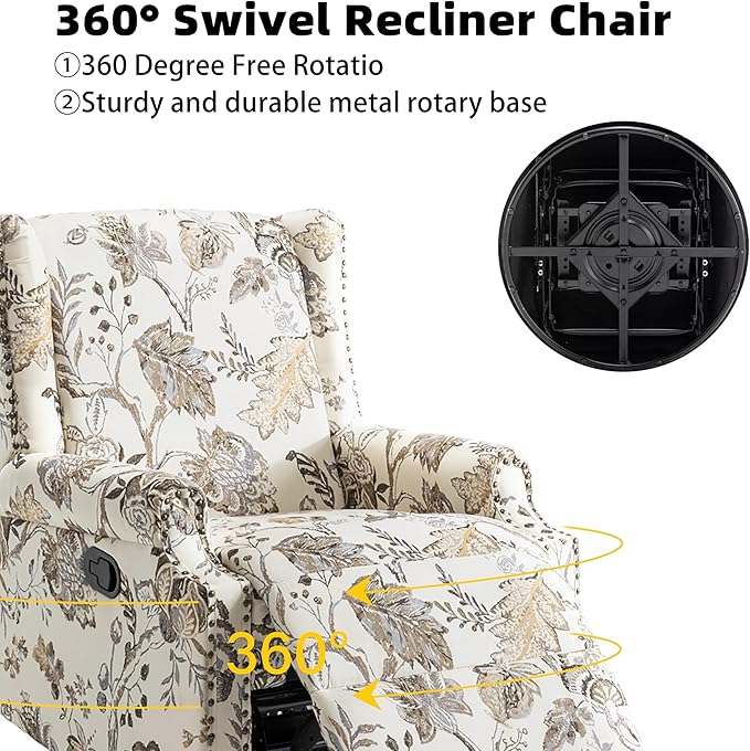 Swivel Glider Recliner Chairs Set of 2 High Back Rocker Reclining Accent Chair with Smooth Manual Mechanism for Nursery Comfortable &amp Quiet Upholstered Armchair Seating-Cream Plant