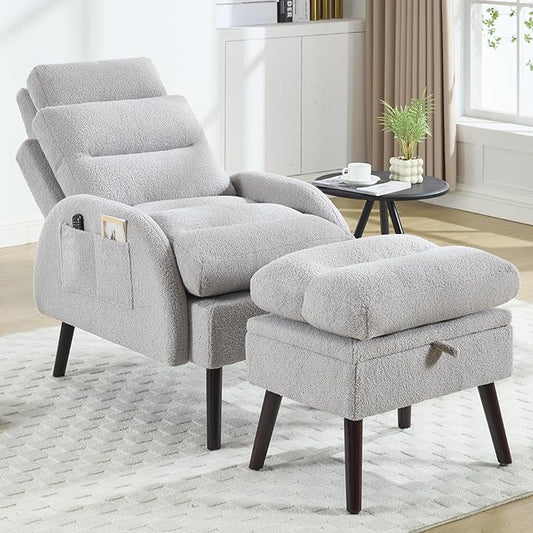 Accent Chair with Ottoman Set Comfy Teddy Reading Chair and Ottoman Modern Oversized Lounge Armchair with Adjustable Backrest for Living Room Bedroom Light Grey