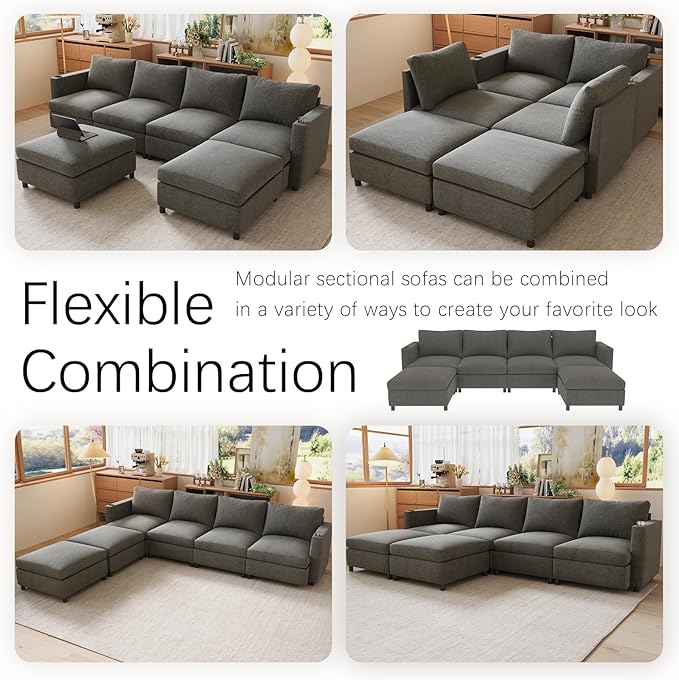 123 Modular Sectional Sofa Couch Convertible U Shaped Sectional Couches with Storage Ottoman 6 Seat Modern Sofa Set for Living Room and Office Grey
