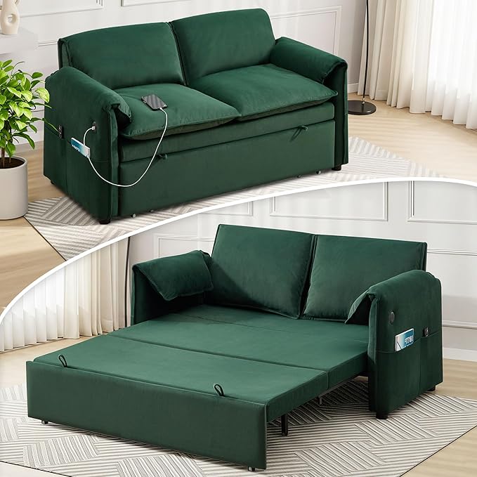 63 Velvet 3 in 1 Convertible Sleeper Sofa Bed Pull Out Couch Bed Loveseat with Adjustable Backrest Chaise Lounge USB Port &amp Side Pocket Modern Sofa for Living Room Small Spaces Green