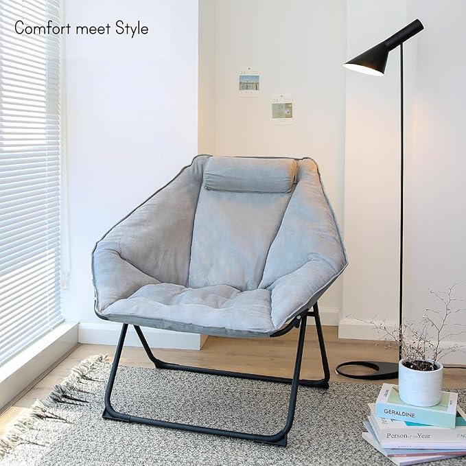 Hexagon Foldable Living Room Chair Saucer Chair for Adults Comfy Bedroom Lounge Chair Moon Chair Lazy Folding Chair for Dorm Rooms (Chair-Grey)