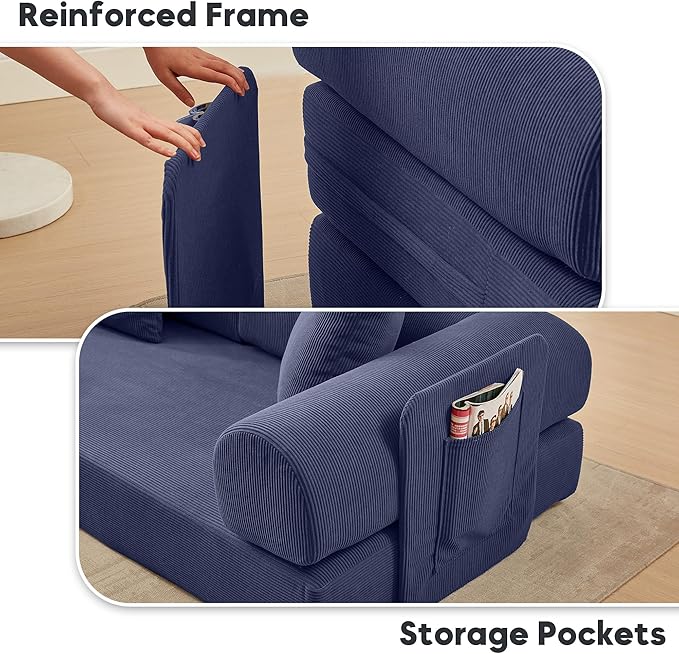 Modular L Shaped Sofa Bed with Cylindrical Pillow &amp Reversible Chaise Corduroy Convertible Floor Boneless Sofa Couch Bed with Fixed-Shape Frame &amp Storage Pocket for Living Room Blue