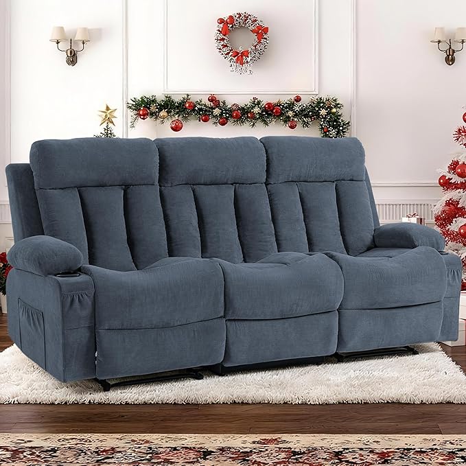3 Seater Reclining Sofa Couch with Cup Holders Comfy Triple Manual Fabric Recliner Chair for Living Room Home Theater Office Blue