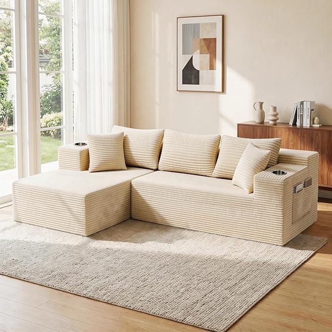 Bashaw 108 Modular Sectional Sofa Couches with Chaise L-Shape Boneless Couch Deep Seat Upholstered Boneless Sectional Couch for Living Room (Beige 108 Left Facing Chaise) | Sectional Boneless L-