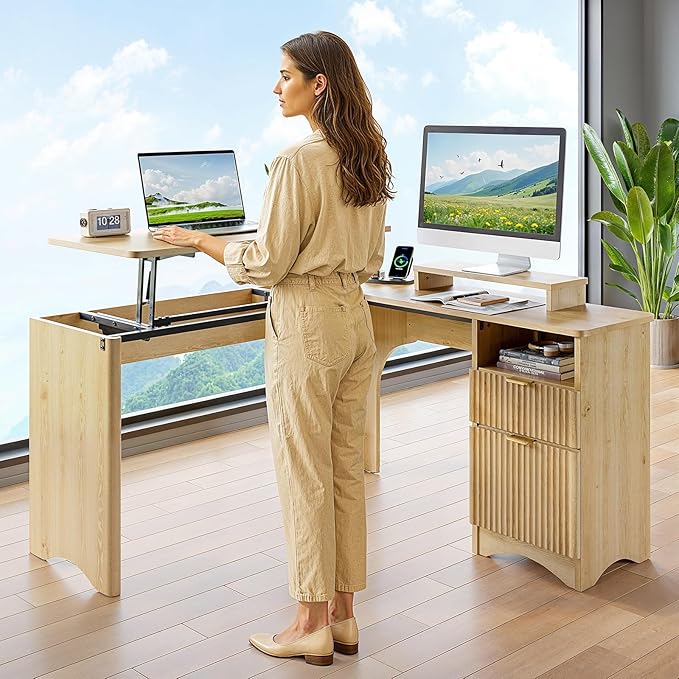 Bestier L Shaped Desk with Lift Desktop 55 inch Corner Desk with Fluted Panel Deisgn Drawers Modern Office Desk with File Drawer (Natual Oak 55'' x 55'' Lift Top)