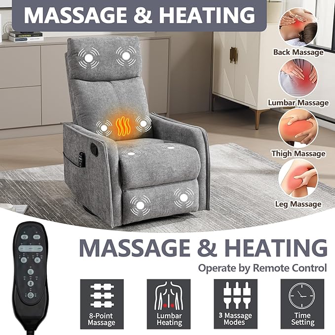 Massage Chair Recliner with Heat Swivel Rocking Chair Recliner with High Back Manual Nursery Recliners for AdultsSmall Recliner Chair for Small Spaces Living Room Bedroom Fabric (Light Grey)