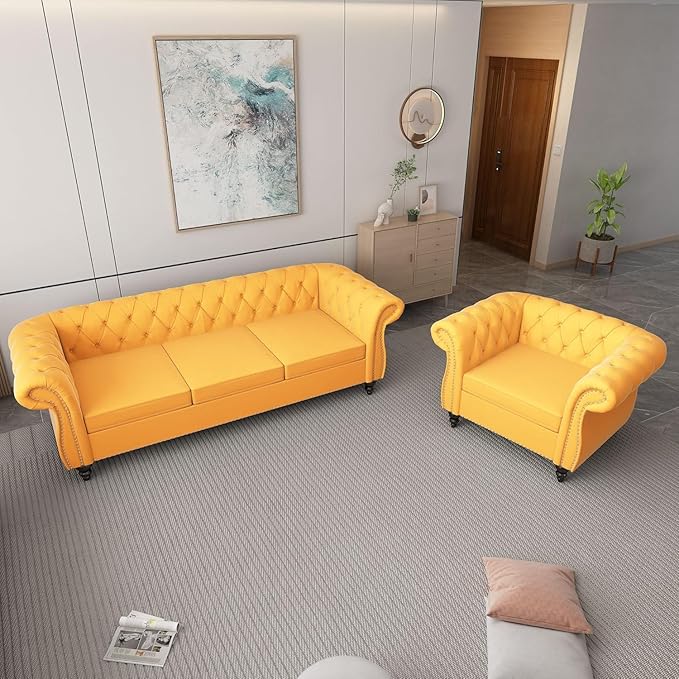 Living Room Chair Modern Velvet Chesterfield Sofa Chair Mid Century Single Sofa Couch Chair with Tufted Back and Rolled Arms Accent Sofa Chair for Living Room Apartment Yellow