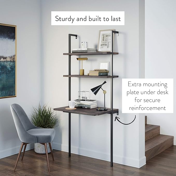Nathan James Theo 2-Shelf Industrial Wall Mount Ladder Table Small Computer or Writing Desk Nutmeg/Matte Black