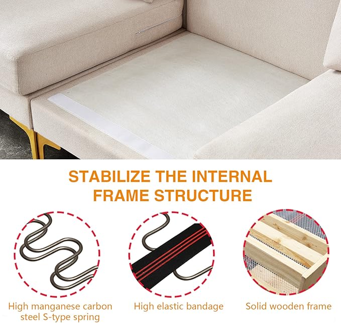 kevinplus 93'' Sectional Sofa Couch for Living Room with Convertible Chaise Ottoman Modern 3-Seat L-Shape Sofa Couch with Golden Metal Legs for Bedroom Home Office Apartment Small Space Beige
