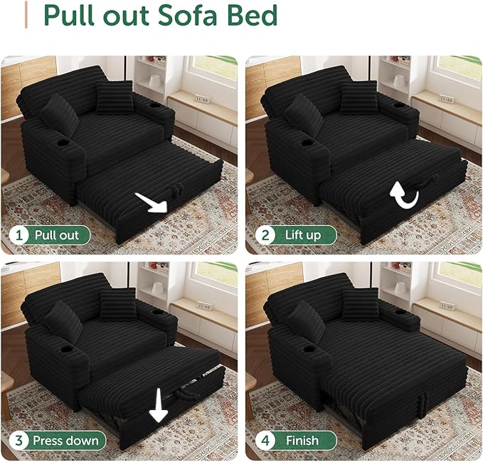 Plush Sofa 52” 3-in-1 Convertible Pull-Out Sofa Bed Sleeper Loveseat with Built-in Cup Holders Reclining Backrest Pet-Friendly for Small Space - Black