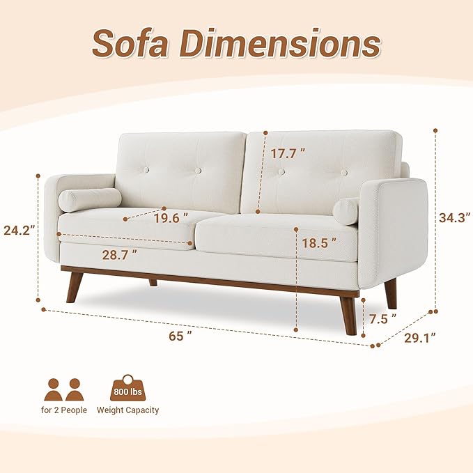 Garvee 65 in Mid Century Modern Loveseat Sofa for Small Spaces 2 Seater Linen Upholstered Couch with Button Tufted Design &amp Wood Legs Small Couch for Living Room Bedroom Office Apartment Bei