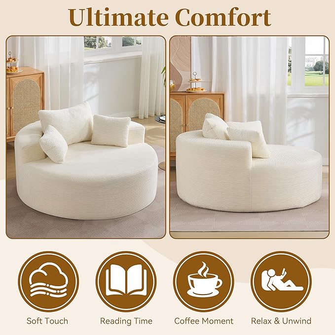 55''Oversized Round Boneless Chaise Lounge ChairCorduroy Modern Floor Sofa Deep Seat Compressed Circle Comfy Barrel Chair No Assembly Sleeper Cloud Sofa Couch Bed for Living Room BedroomBeige