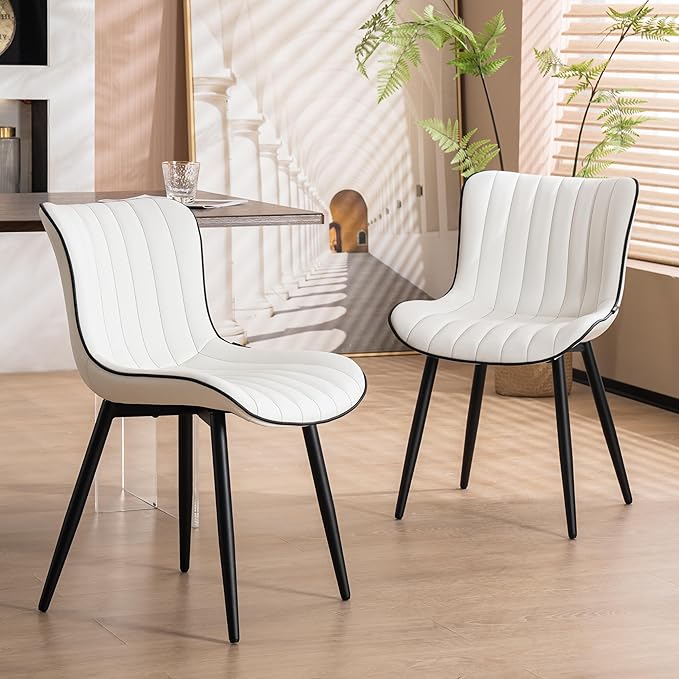 YOUNUOKE Mid-Century Modern Dining Chairs Set of 2 White PU Leather Upholstered Kitchen Chairs with Black Metal Legs Armless Accent Chair for Dining Room Guest Reception Room