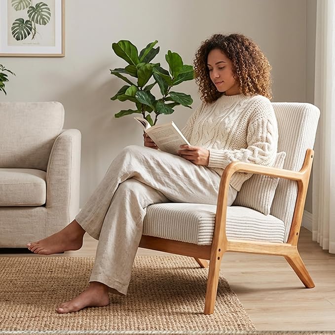 Mid Century Modern Accent Chair Upholstered Corduroy Armchair with Lumbar Pillow Solid Rubberwood Frame for Living Room Bedroom Waiting Room Beige