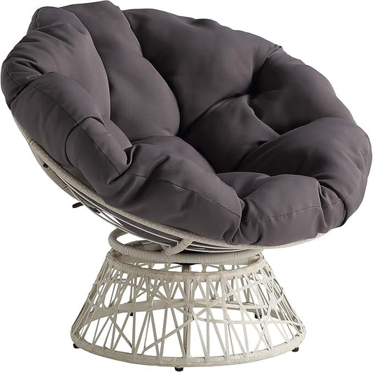 OSP Home Furnishings Wicker Papasan Chair with 360-Degree Swivel Cream Frame with Grey Cushion
