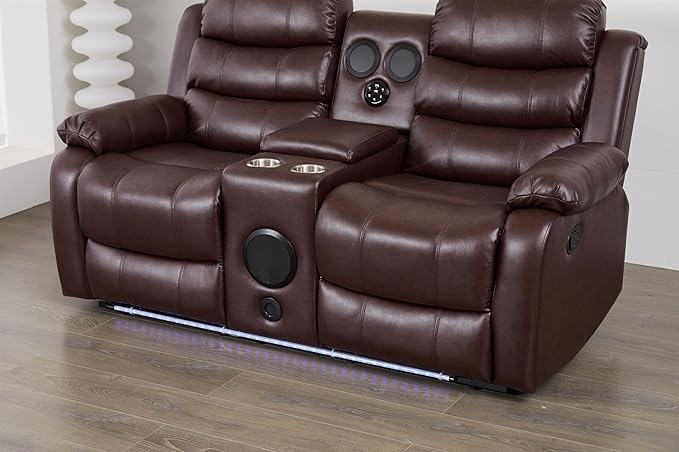 Faux Leather Manual Reclining Loveseat with LED and Console with SubWoofer
