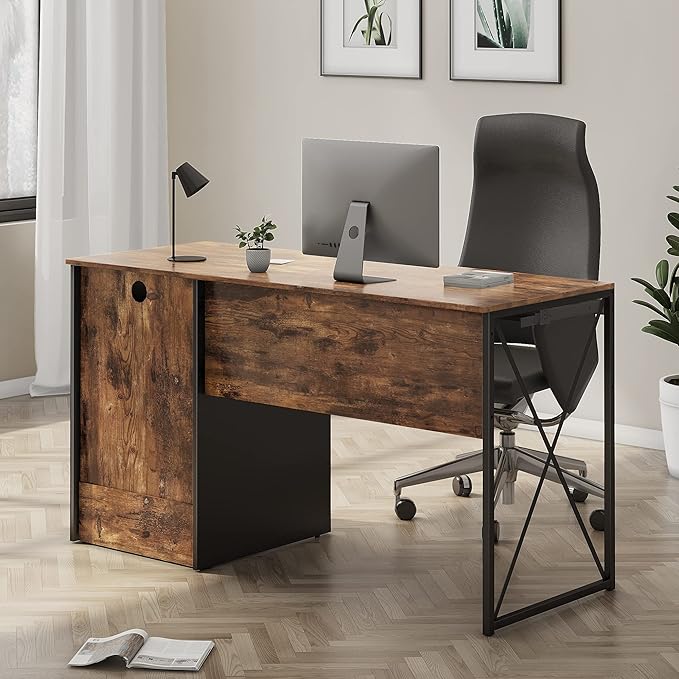 Bestier Office Desk with Drawers 55 inch Industrial Computer Desk with Storage Wood Teacher Desk with Keyboard Tray &amp File Drawer for Home Office Rustic Brown