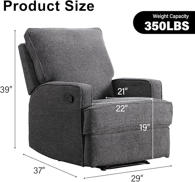 INZOY Manual Recliner with Thicker Backrest Soft Fabric Recliner Chair with Overstuffed Cushion Heavy Duty Reclining Sofa for Living Room Bedroom Apartment Grey