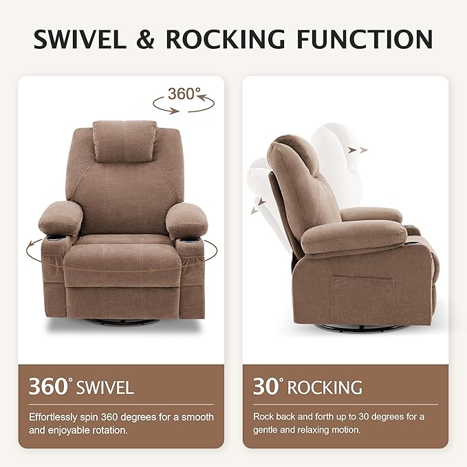 Oversized Swivel Rocker Recliner Chair with Heat and Massage Large Big Recliner Chair for Living Room 360 Degree Swivel Rocking Single Sofa with Cup Holders and USB Port(Fabric Brown)