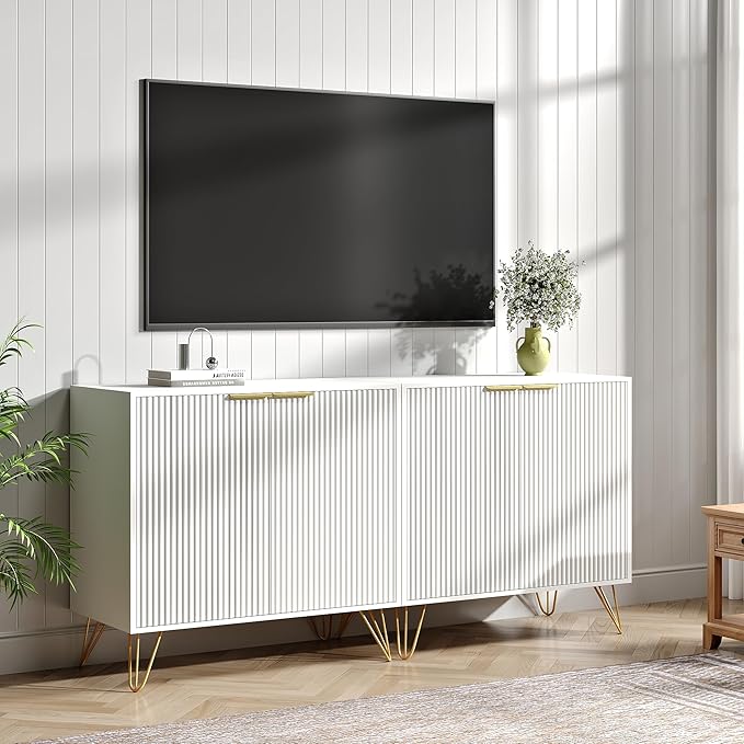 Fluted TV Stand for 60 Inch TV Modern TV Stand White Entertainment Center w/ 2 Storage Cabinets Adjustable Shelves &amp Gold Handles Wood Media Cabinet for Living Room White