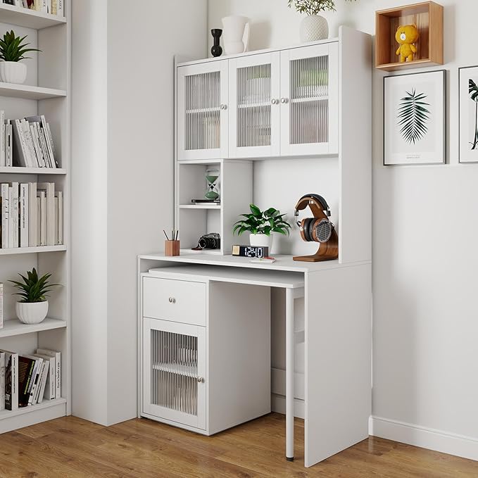 Computer Desk with Glass Door Home Office DesksConvertible Executive Desk with Bookshelf &amp HutchWriting Secretary Table with 90 Degree Rotating DesktopLarge Working Space