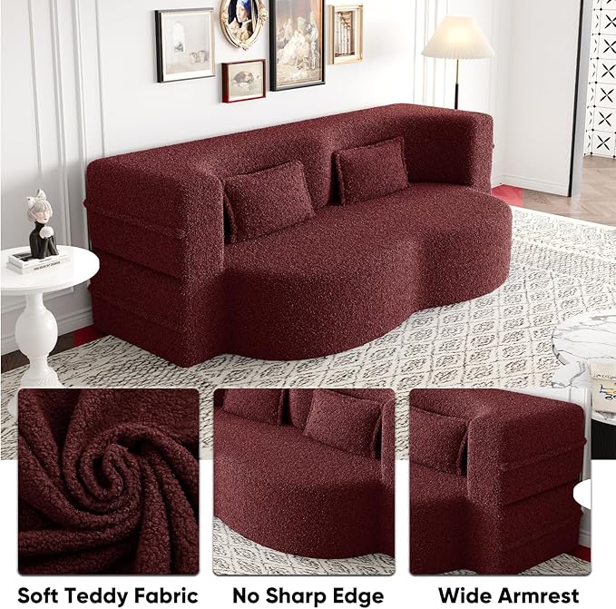 JOYBASE 78in Sofa Couch Convertible Oversized Cloud Loveseat Minimalist Sleeper Sofa Bed for Living Room Apartment Office No Assembly Required (Wine Red)