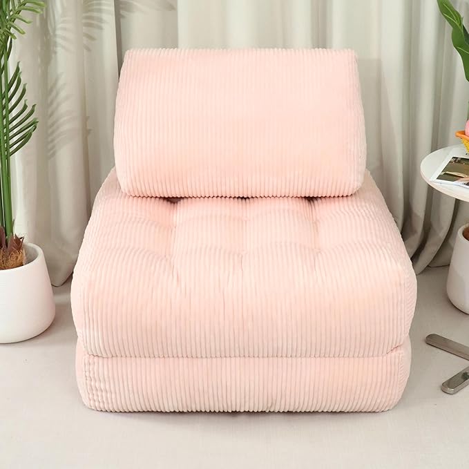 Blue Folding Sofa Bed - Convertible Sleeper Chair with Pillow &amp Back Support Comfy Foldable Mattress Portable Futon Fold Out Chair Bed for Living Room/Bedroom/Apartment (Pink)