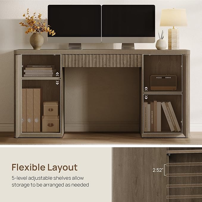 SICOTAS 61 Large Office Computer Desk with Storage Modern Home Office Desks with Drawer &amp Doors Fluted Desks Executive Desk Wooden Writing Table Vanity Table for Living Room Bedroom Grey Alder