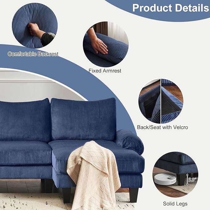 Karl home 111 Sectional Sofa U-Shaped 4-Seat Couch with Chaises Wood Grian Legs Corduroy Fabric Upholstered for Living Room Apartment Office Navy Blue