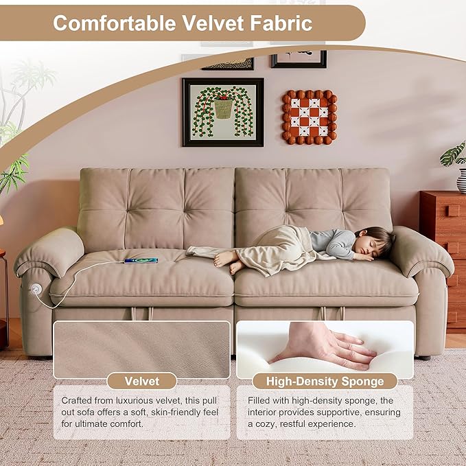 Sleeper Sofa Bed Queen Size Sofa Bed Convertible Pull Out Couch with Adjustable Backrest USB Port and Side Pockets Modern 2 Seater Small Couches for Living Room Space-Saving