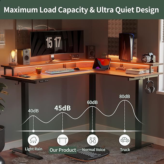 FEZIBO 63 Triple Motor L Shaped Standing Desk with LED Strip &amp Power Outlets Height Adjustable Stand up Corner Gaming Desk with Ergonomic Monitor Stand Rustic Brown Top/Black Frame